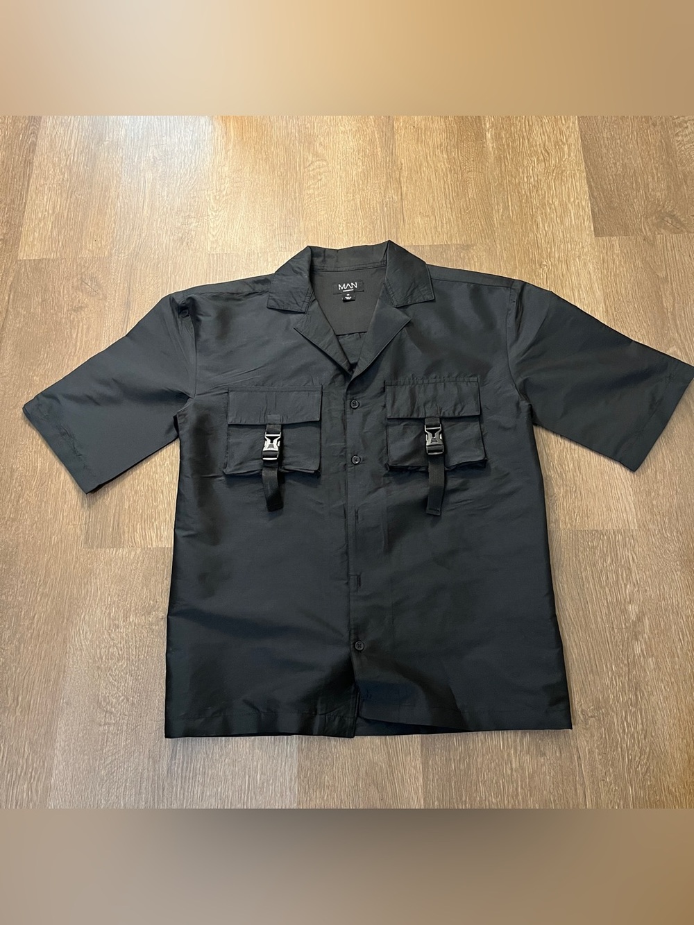 MAN by BoohooMAN Black Utility Buckle Camp Collar Shirt (XS)